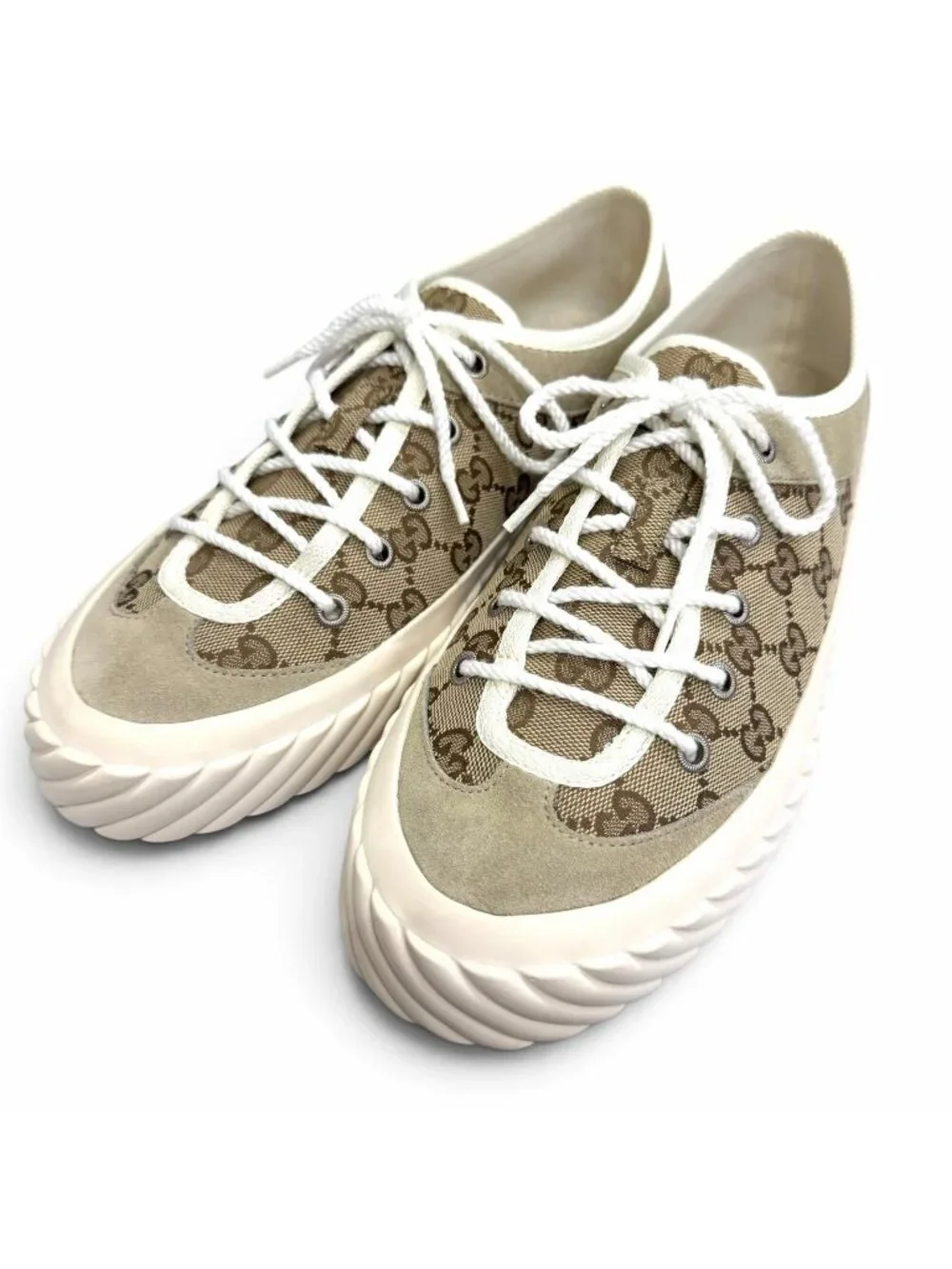 Gucci GG Canvas Suede Lace-up Low Top Sneakers Beige